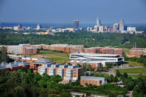 The Raleigh skyline rises to the east behind Centennial Campus.