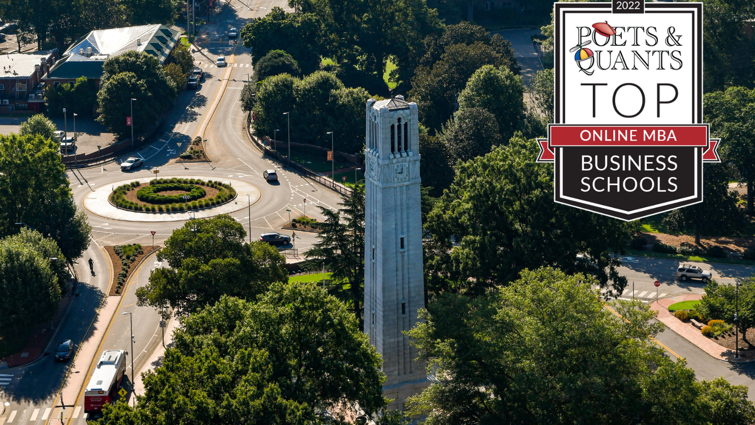 Belltower aerial photo with "Poets & Quants top online MBA business schools" badge.
