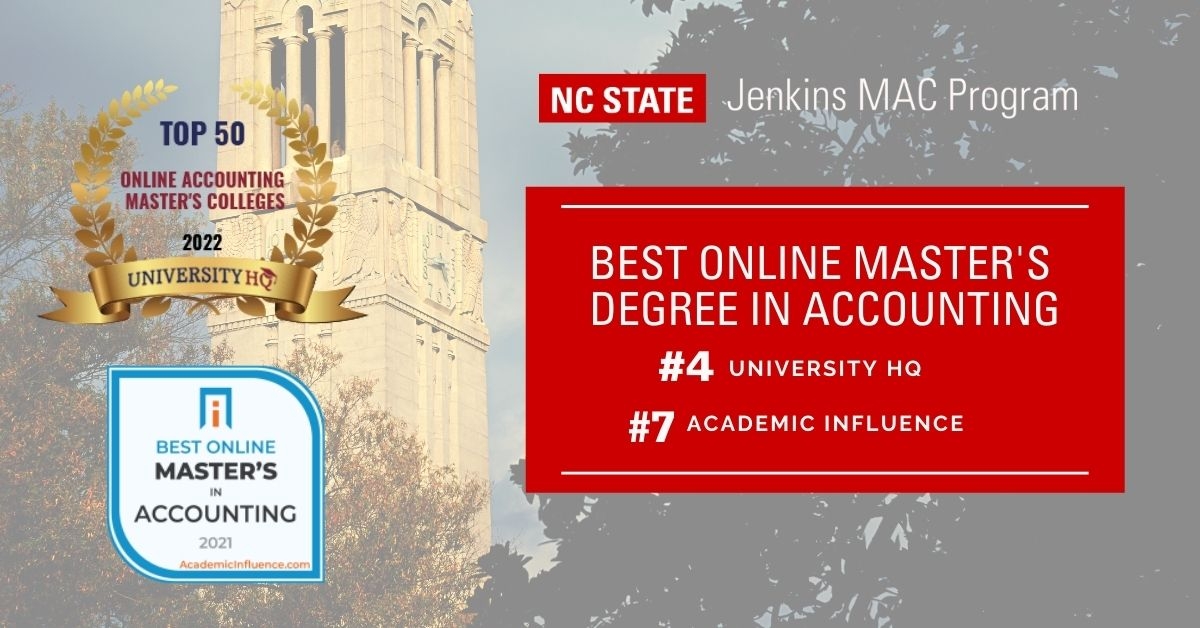 NC State Jenkins MAC Program. Best Online Master's Degree in Accounting. #4 University HQ. #7 Academic Influence.