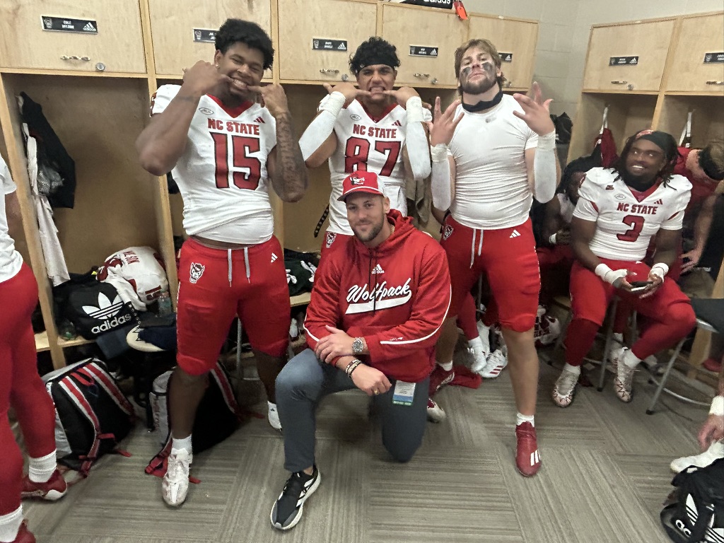 Tyler in his role as a tight ends graduate assistant coach for NC State football.